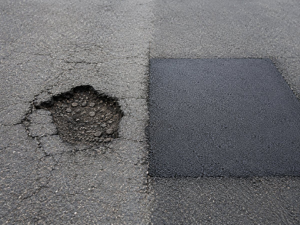 Asphalt patching and cold patching in Madison WI showing pothole damage beside a patched asphalt repair