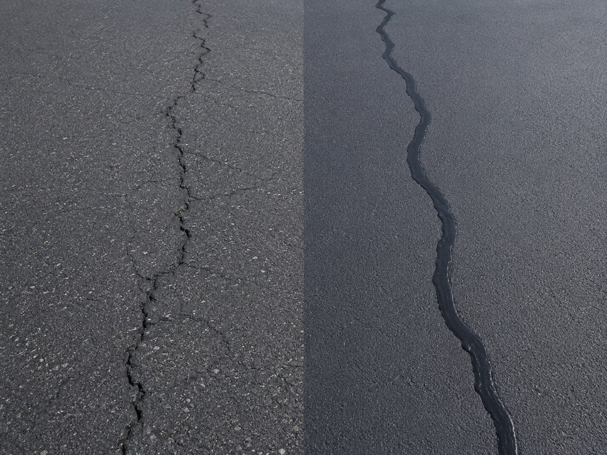 Asphalt crack filling in Madison WI showing an open crack beside a filled and sealed crack